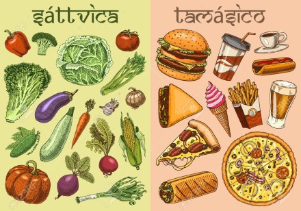 Healthy vs junk food concept. Fruits and Vegetables or fast nutrition. Balanced Diet. Lifestyle concept. Illustration for organic shop or farm market. Hand drawn Ingredients in vintage style.